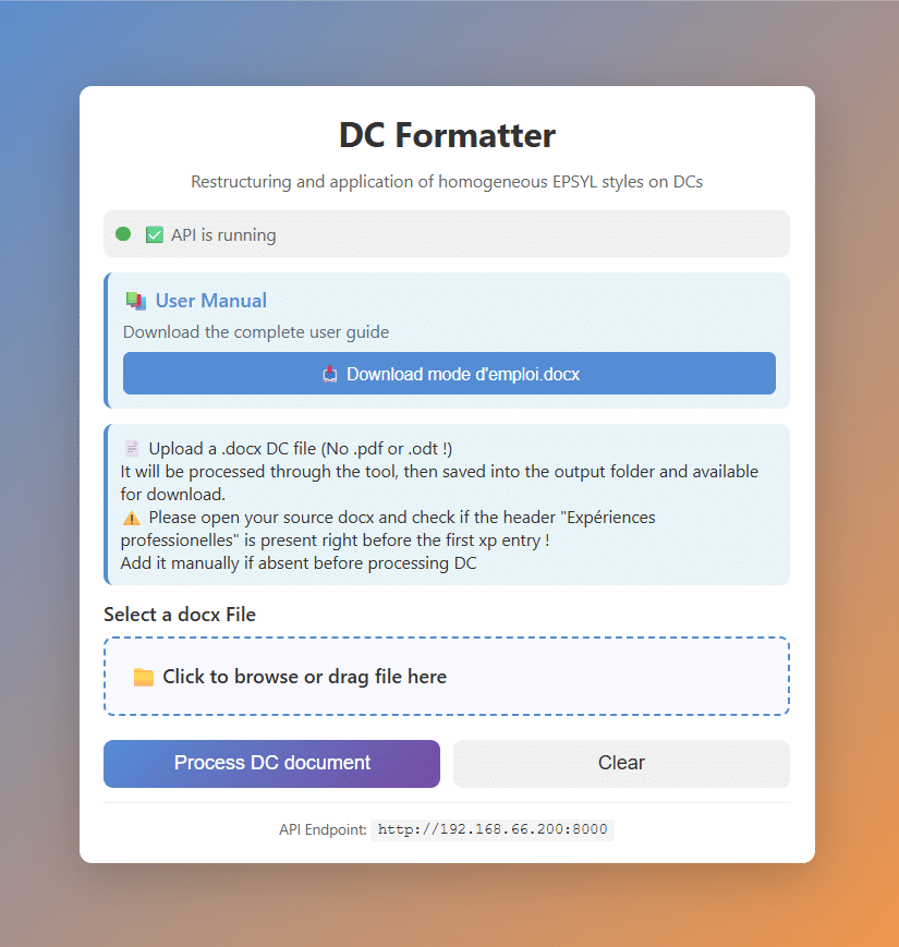 Interface du projet DC Formatter